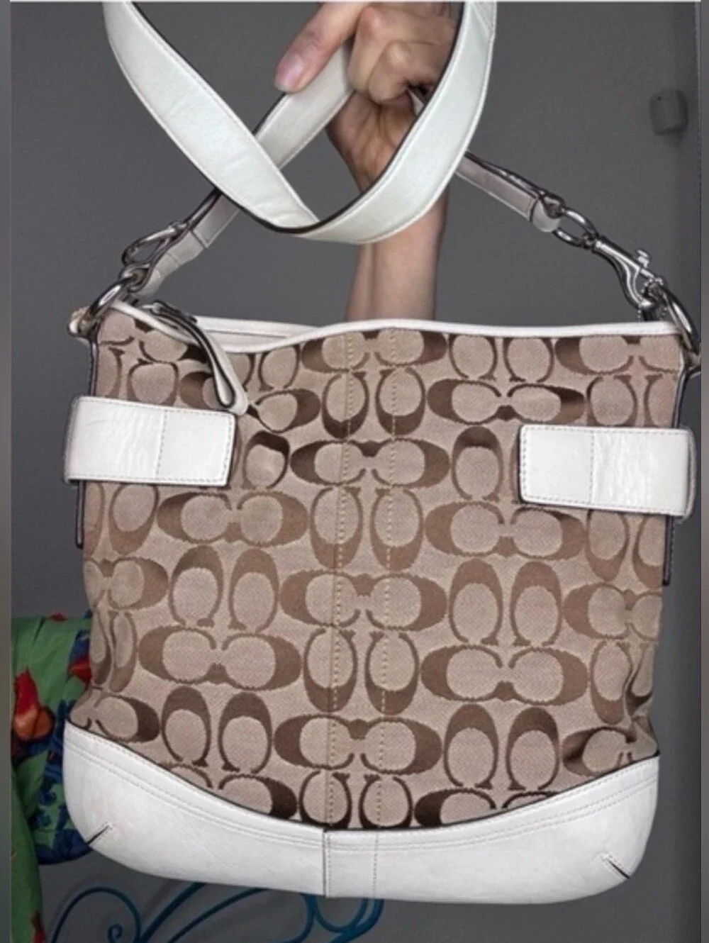 Coach Signature Canvas Buckle Hobo Shoulder Bag White Leather Trim Style 3574